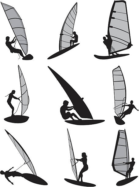 stockillustraties, clipart, cartoons en iconen met windsurfing silhouettes - wind surfen