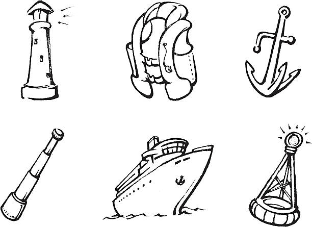 ilustrações, clipart, desenhos animados e ícones de nautical conjunto de ícones - life jacket safety isolated sea