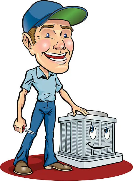 Vector illustration of Cartoon animation of serviceman fixing air conditioning unit