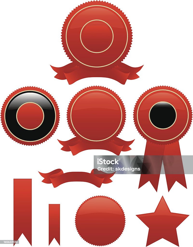 Shiny Red Round Seals, Stickers Set with Optional Ribbons Beautiful classic rich red seals, stickers, medals set. Extra red ribbons, round seal,  star. Mix and match. Copy space. For example: Award stock vector