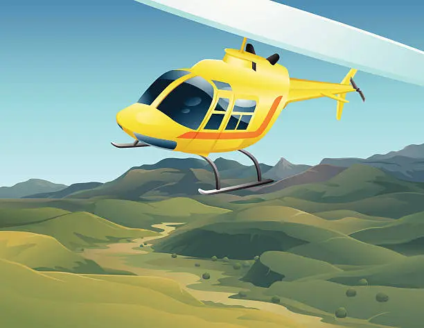 Vector illustration of Cartoon Helicopter Flying Over Valley Landscape
