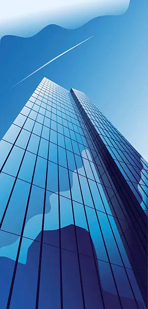 Vector illustration of Blue office building with reflecting cloud