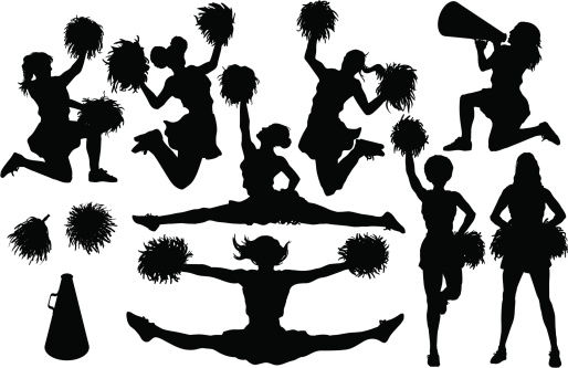 8 different cheer silhouettes plus pom poms and a bullhorn. Simple shapes for easy printing, separating and color changes. File formats: EPS and JPG