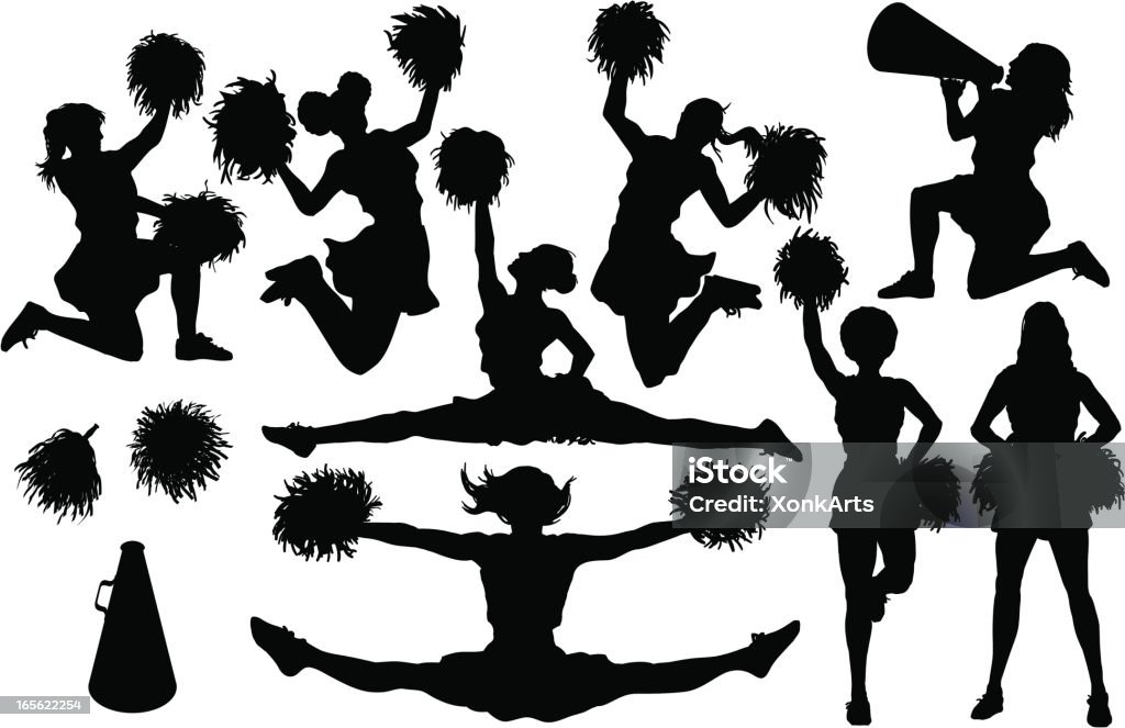 Cheer Silhouettes 8 different cheer silhouettes plus pom poms and a bullhorn. Simple shapes for easy printing, separating and color changes. File formats: EPS and JPG Cheerleader stock vector