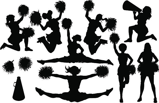 Cheer Silhouettes 8 different cheer silhouettes plus pom poms and a bullhorn. Simple shapes for easy printing, separating and color changes. File formats: EPS and JPG megaphone silhouettes stock illustrations