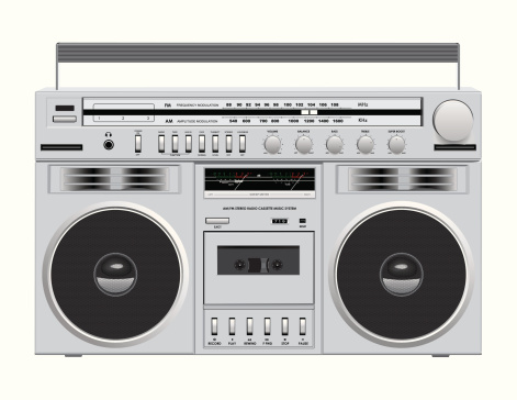 Detailed 3D rendering of vintage 1980s boombox.  Great for music, dance party, or retro themed design.  Includes Illustrator CS3 version.