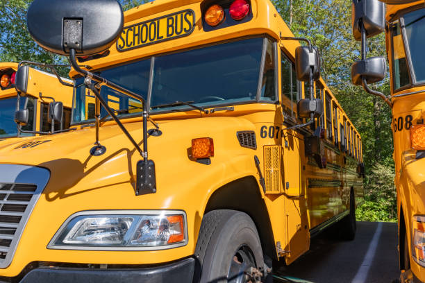 istock Front of a parked yellow school bus number 607 1656223031