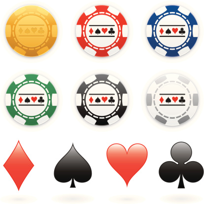Six various coloured poker chips with four suits on them. Global colours are easily modified.