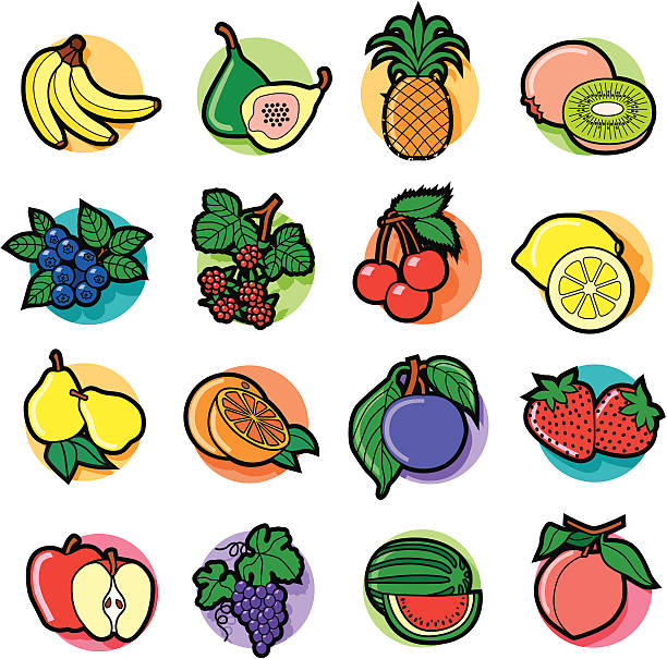 illustrazioni stock, clip art, cartoni animati e icone di tendenza di icone di frutta colorato - fig apple portion fruit