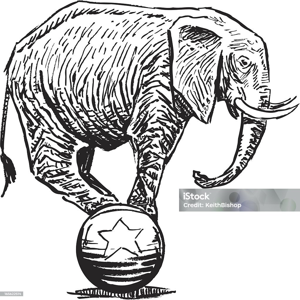 Elephant Balancing on Ball - Circus or Politics Pen and ink vector illustration of a circus elephant. Compound paths. Use as positive image or reverse out of layout. Ghost art back as design element or color it. Check out my "Vectors Animals & Insects" light box for more. Elephant stock vector