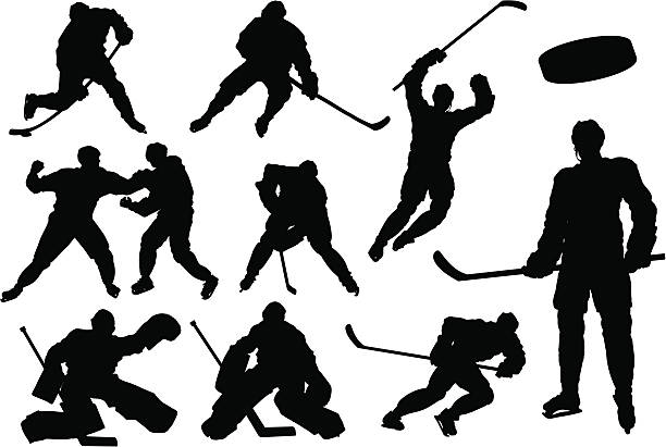 illustrations, cliparts, dessins animés et icônes de silhouettes de hockey sur glace - ice hockey hockey puck playing shooting at goal