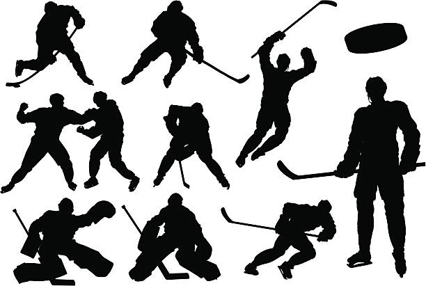 Hockey Silhouettes "10 different hockey silhouettes plus a puck. Simple shapes for easy printing, separating and color changes. File formats: EPS and JPG" ice hockey stock illustrations