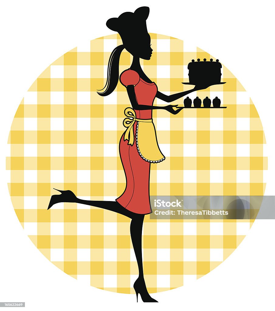 Cute baker A cute female baker with cupcakes and a birthday cake. Gingham pattern on separate layer. Click below for more food and drink images Chef stock vector
