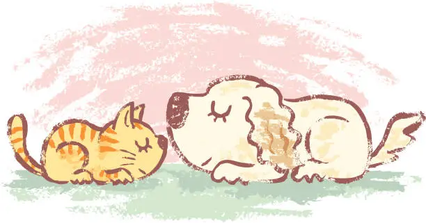 Vector illustration of sleeping kitten and puppy