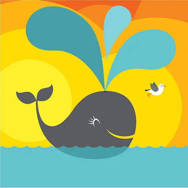 Vector illustration of Traveling cartoon whale joyfully spouts with seagull friend