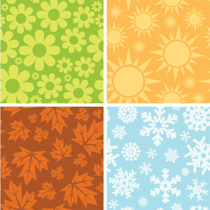 Four seamless wallpaper tiles, one for each season (Spring, summer, fall, winter)