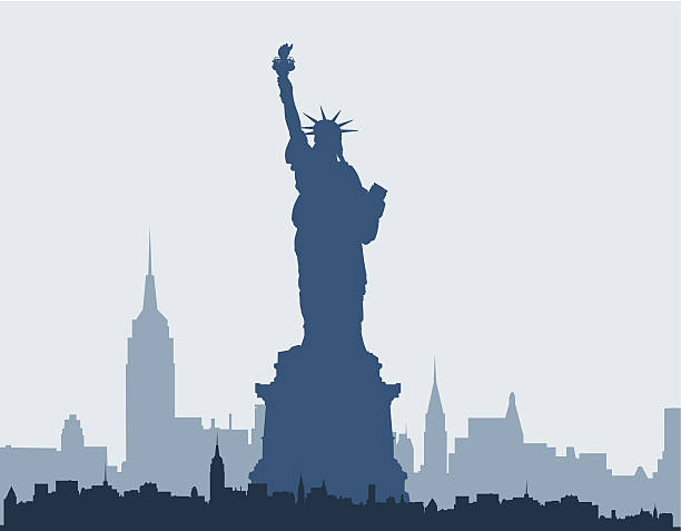 ilustraciones, imágenes clip art, dibujos animados e iconos de stock de estatua de la libertad con el skyline de nueva york - statue manhattan monument flaming torch