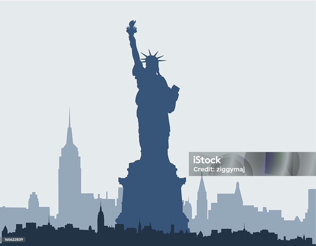 Blue silhouette of Statue of Liberty and New York skyline Statue of Liberty with New York Skyline New York City stock vector