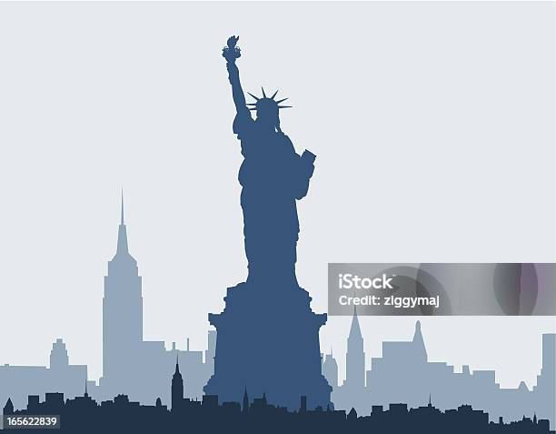 Blue Silhouette Of Statue Of Liberty And New York Skyline Stock Illustration - Download Image Now