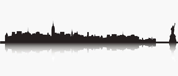 ilustrações, clipart, desenhos animados e ícones de ny horizonte com a estátua da liberdade - new york city skyline silhouette manhattan