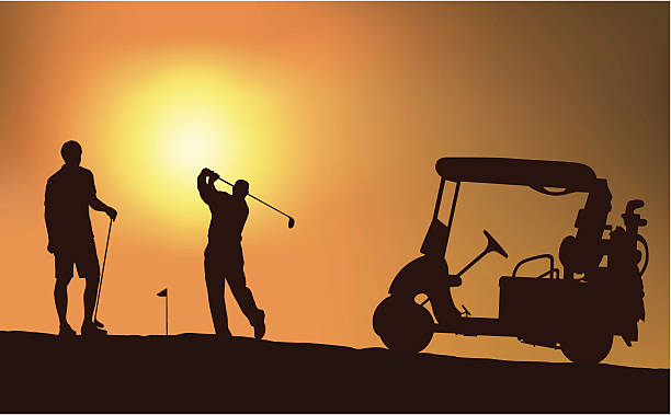 Golf Men Competition Golf player aiming golf flag during day time golf silhouettes stock illustrations