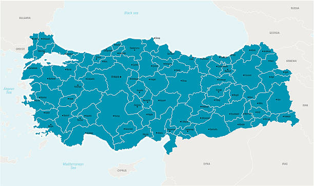 Illustrated map of Turkey in blue Detailed vector map of Turkey with border states and administrative divisions and main cities. historical geopolitical location stock illustrations