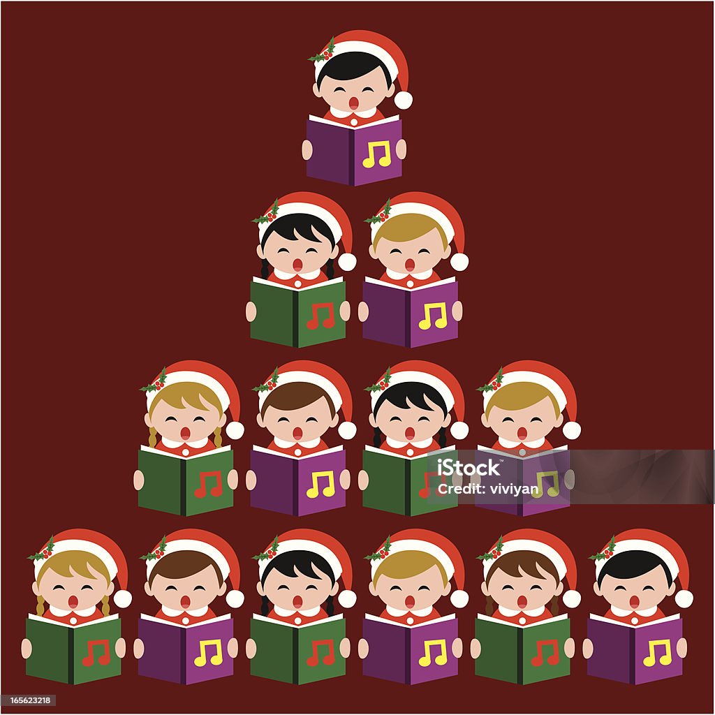 Caroling with Christmas tree cute kids caroling stand like a Christmas tree shape. Christmas stock vector