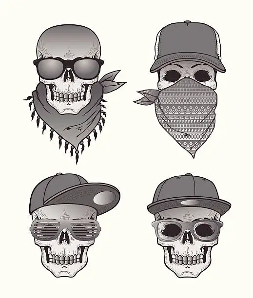 Vector illustration of Skulls with hats and sunglasses