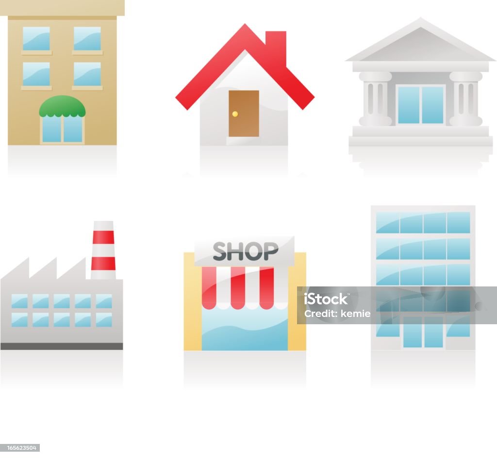 shiny icons: buildings building-related shiny icons: apartment building, house, bank, factory, shop, office building Apartment stock vector