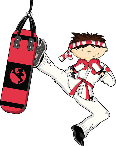 ilustrações, clipart, desenhos animados e ícones de karate garoto gritando punch bolsa - martial arts child judo computer graphic