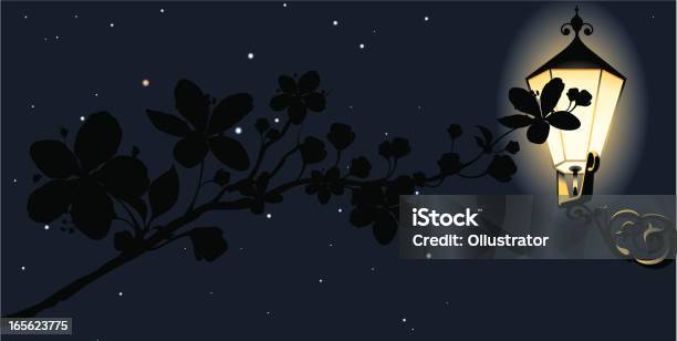 Delicate Branch Abloom At Night Stock Illustration - Download Image Now - Flower, Night, Art And Craft