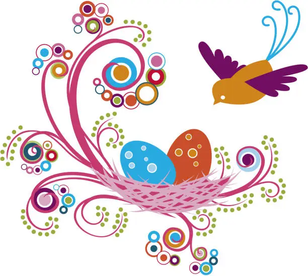 Vector illustration of Whimsical Floral Bird's Nest