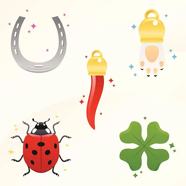 Vector illustration of lucky charms - pepper, rabbit's paw, ladybug, clover and horseshoe