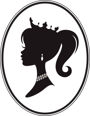 The silhouette of a princess with a crown, necklace and earrings. 