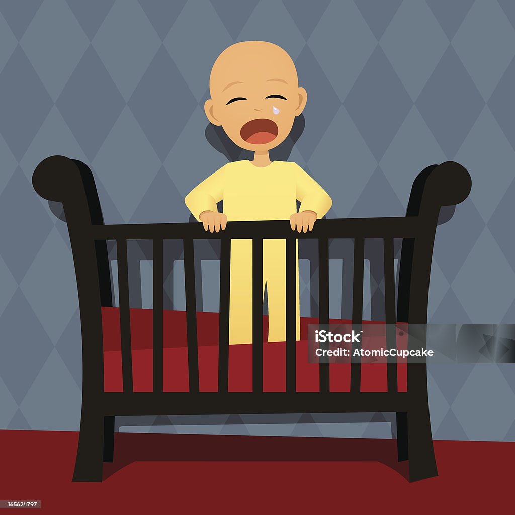 Płacz dziecka w łóżeczko dla dziecka: Styl Retro kreskówka, - Grafika wektorowa royalty-free (12-23 miesięcy)