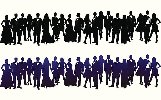Silhouette of Crowd 20 INDIVIDUAL SILHOUETTES. ZOOM IN to check out the detail. This file contains 20 individual silhouettes, that can each be easily changed in vector format. The colors can be changed easily (only one gradient was used). This illustration is perfect for a variety of different design projects. This file has been layered and grouped for easy editing. This file includes a large JPG file, an ai V10 file, and an eps file. prom fashion stock illustrations
