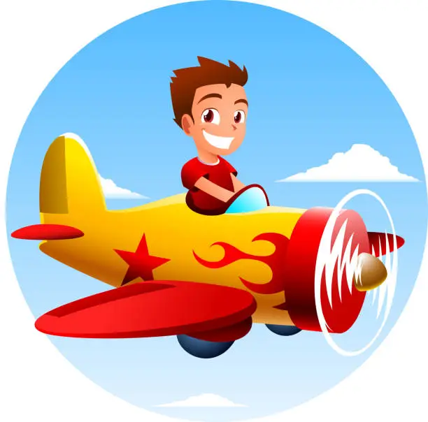 Vector illustration of Little Pilot Aviator Boy flying an airplane