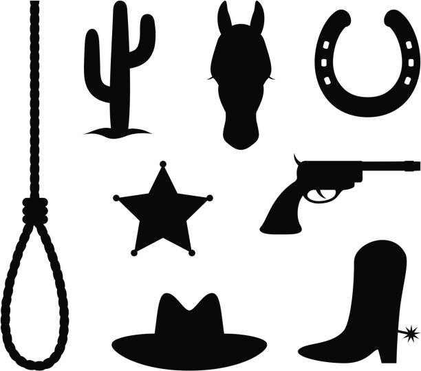 Wild west items Wild west items: cactus, horse, horse shoe, gun,hat and cowboy boots. horse head vector stock illustrations