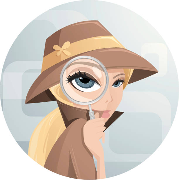 Cute Detective Illustration of a young woman with magnifying glass. Women and background are layered separately. JPG file in a high resolution also available. pics for classic pin up poses stock illustrations