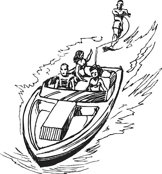 Vector illustration of Waterskiing and Boat