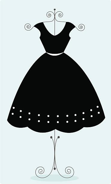 A black designer dress with white polka dots lining the bottom over a blue background.