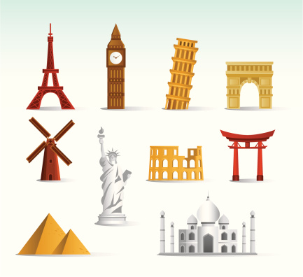 A set of colourful world landmark icons. Zip contains AI and PDF Formats.