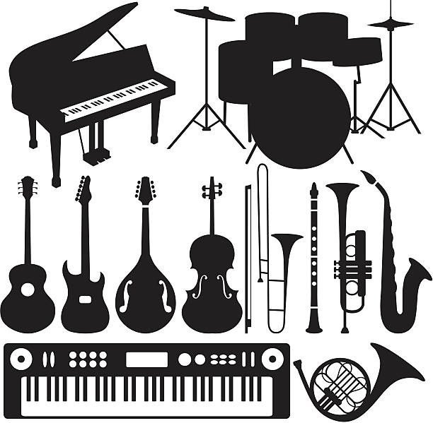 Black Silhouettes - Musical Instruments Black musical instruments: piano, drums, guitar, banjo, mandolin,  violin, trombone, clarinet, trumpet, saxophone. electric piano stock illustrations