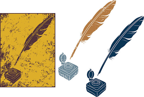 Grunge quill pen "A quill pen and ink bottle, 3 versions, 2 are grunge with differing levels of texture (the one on the background has slightly more) and a removable background, one is a normal silhouette. The texture and white lines are cut out so that any background color will show through." ink well stock illustrations