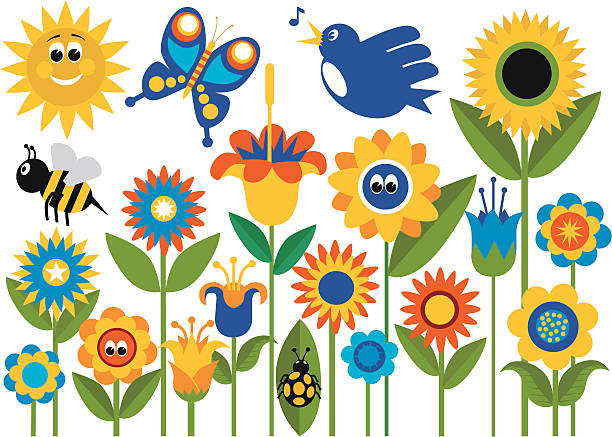 ilustraciones, imágenes clip art, dibujos animados e iconos de stock de jardín de flores de primavera con insectos - sunflower flower flower bed light