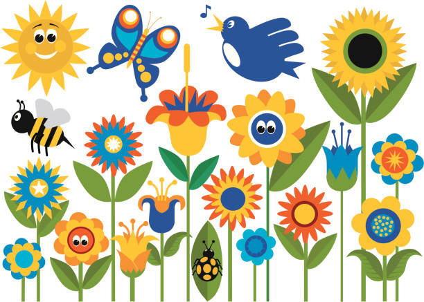 illustrations, cliparts, dessins animés et icônes de jardin de fleurs de printemps avec des insectes - sunflower flower flower bed light