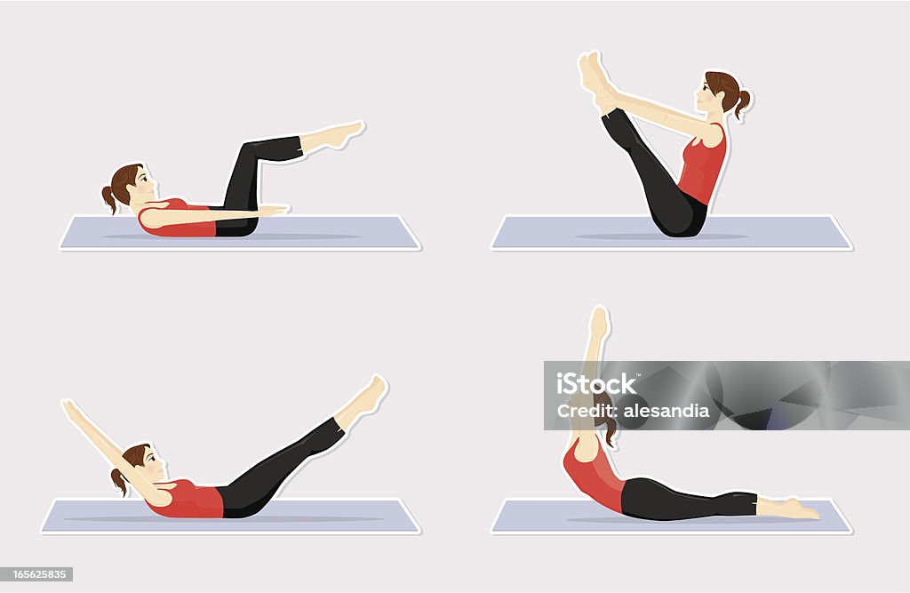 Pilates positions Girl in 4 different pilates positions: The hundred, Open leg rocker, Double leg stretch, Swan dive. Abdominal Muscle stock vector
