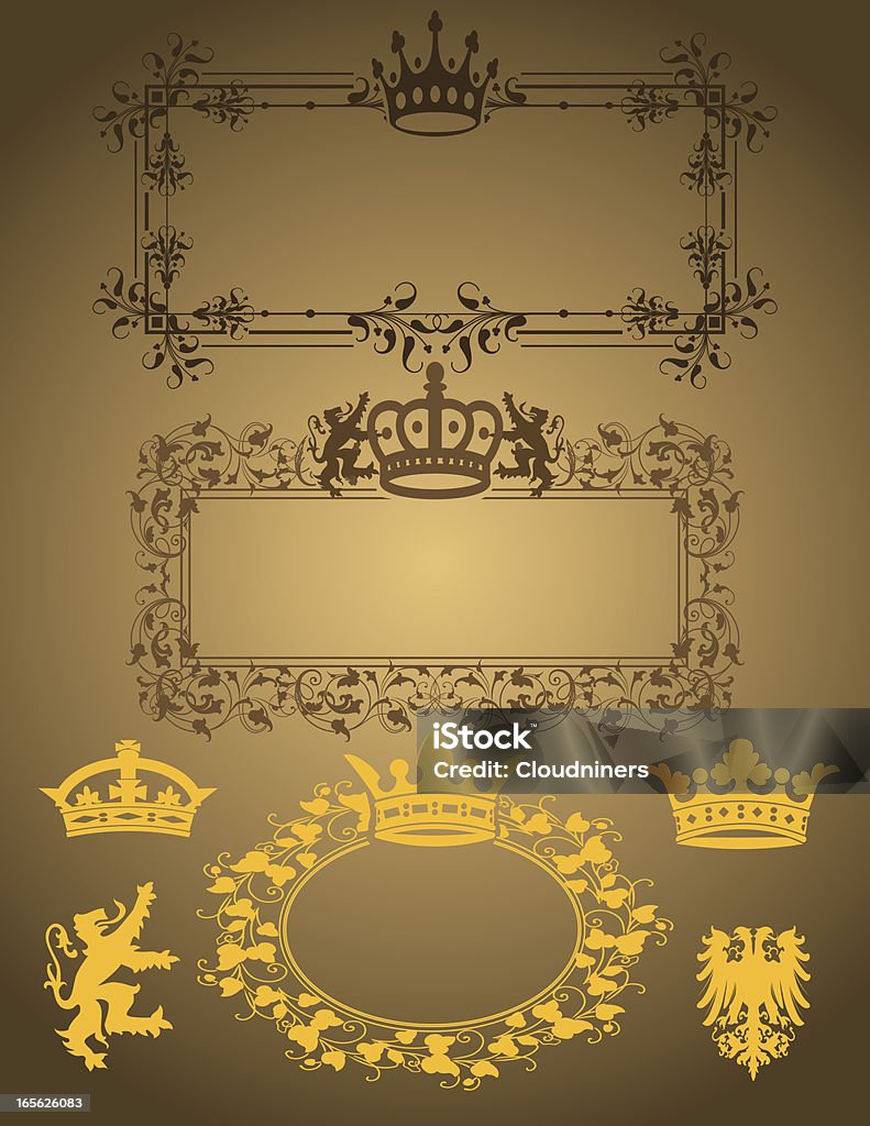 Heraldic Ornament Set Royal-themed elements designed by a hand engraver. All elements on separate layers for easy changes. Includes AI, EPS, and hi-res JPG. Backgrounds stock vector