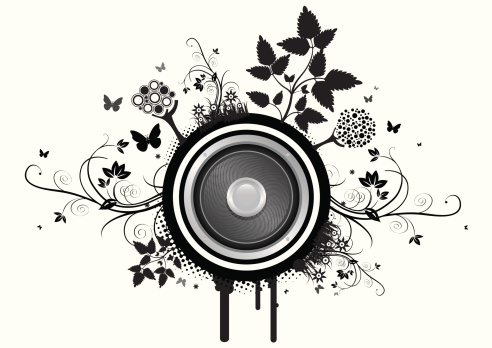 Funky floral speaker vector. All elements are easy to move and edit. Includes extra files high res Jpeg and Tiff.