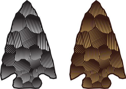 Vector illustration of a hand-knapped arrowhead in a woodcut style. Black and white and color. Arrowheads on separate layers for easy editing.